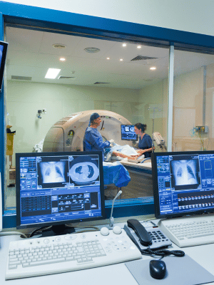 MRI Room showing monitors through window.
